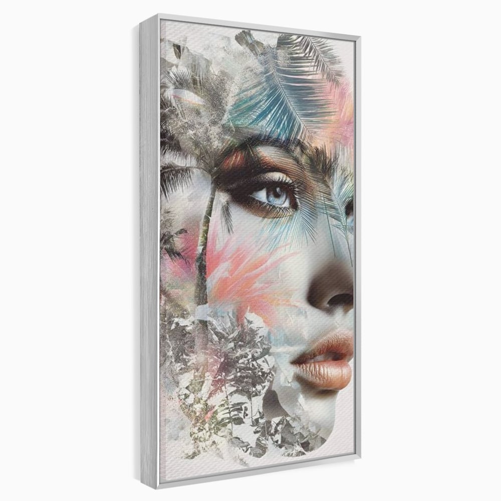 Tablou canvas cu tablou canvas cu portret feminin si palmieri, in rama de aluminiu argintiu